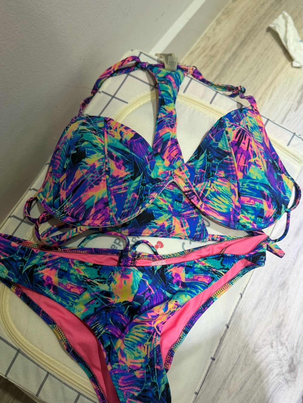 PINK Victoria's Secret Multicolor Abstract Push-Up Bikini - Teal, Purple & Pink